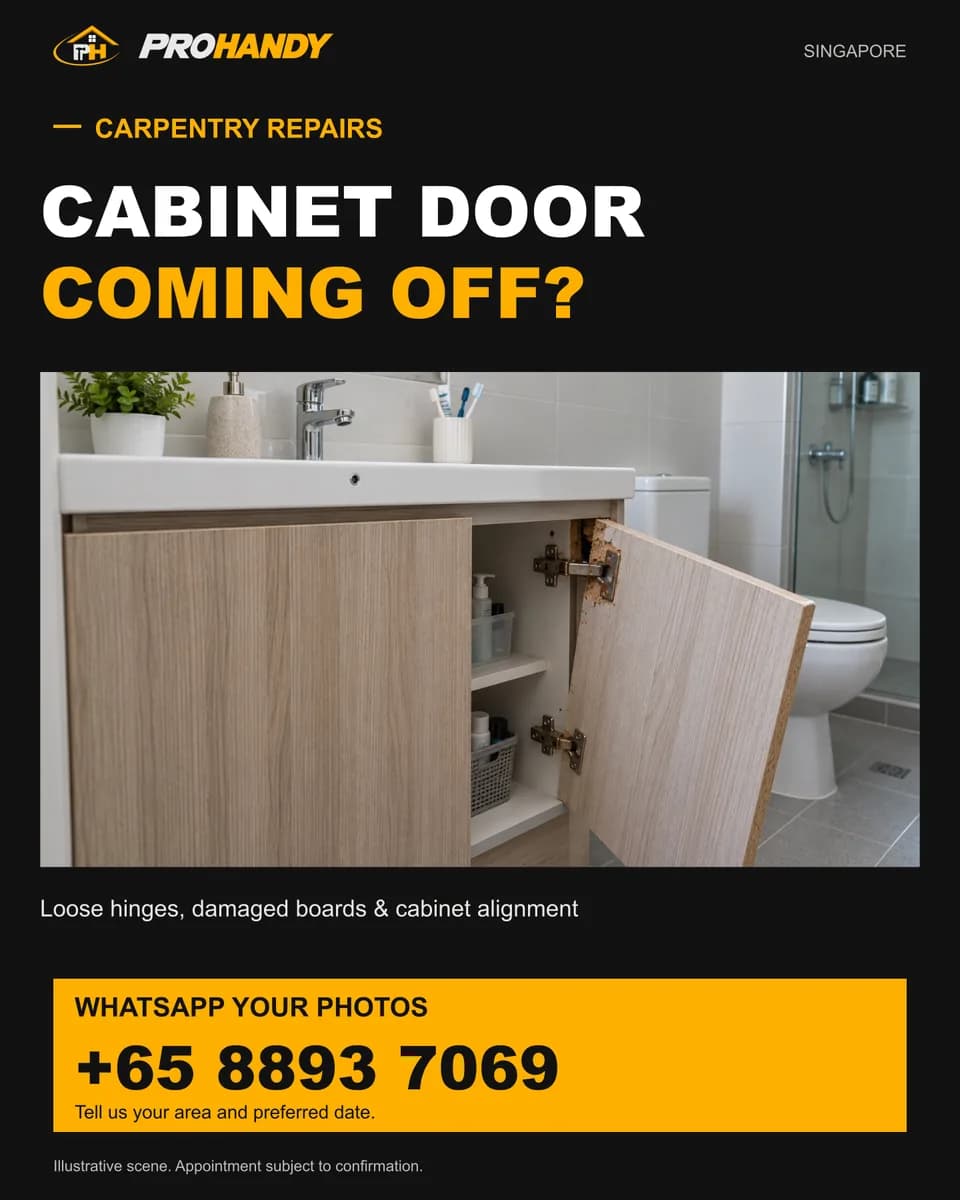 Illustration of a common home repair problem: cabinet door coming off?
