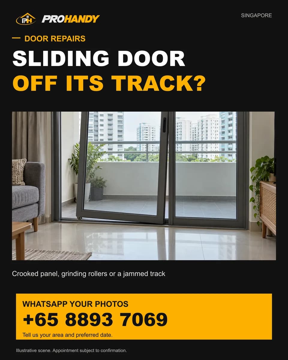Illustration of a common home repair problem: sliding door off its track?