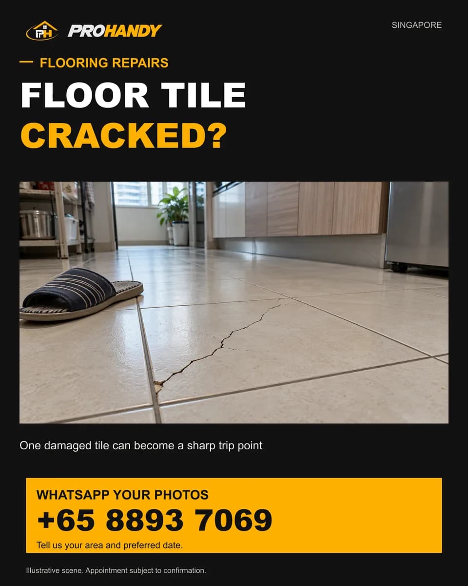 Illustration of a common home repair problem: floor tile cracked?