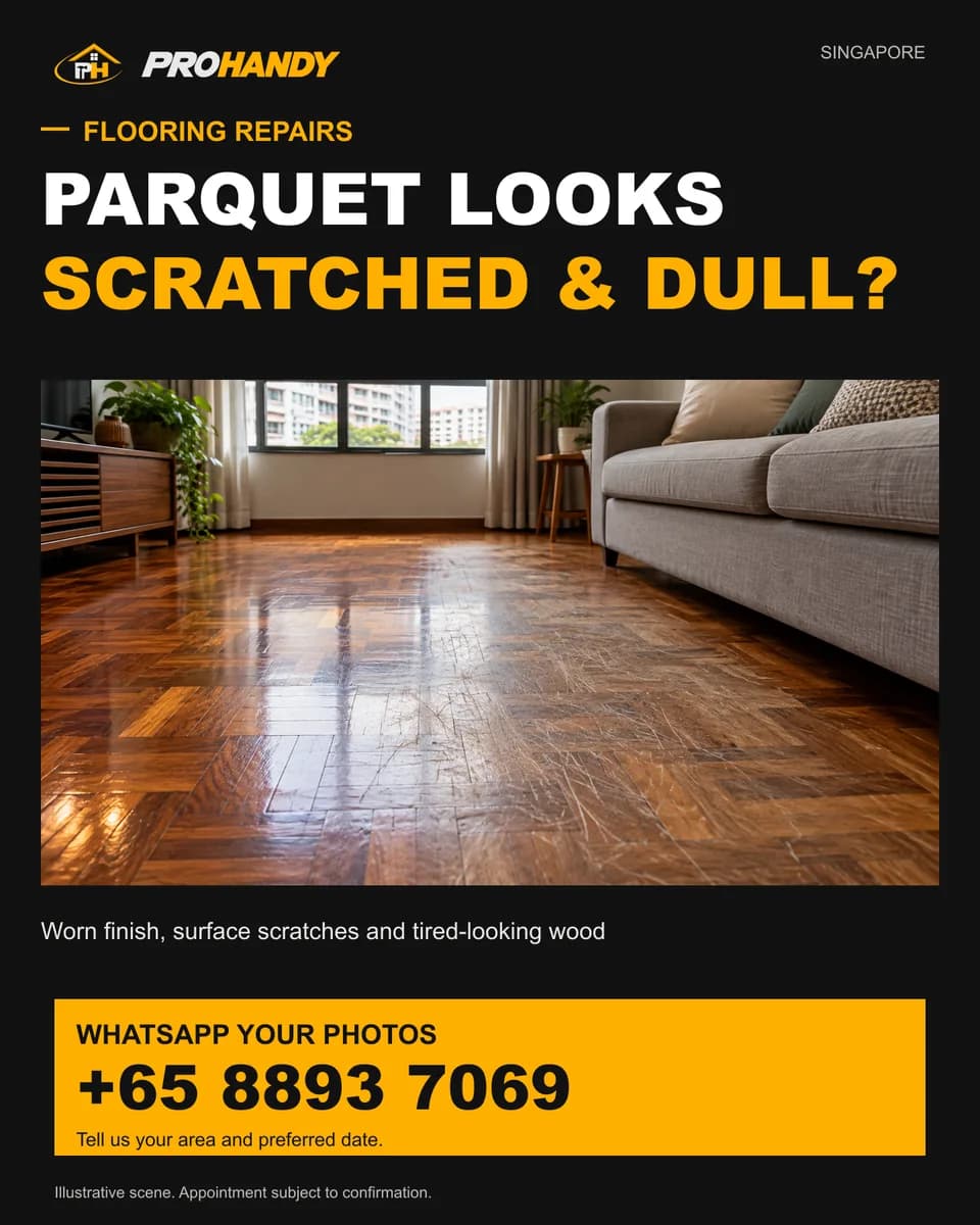 Illustration of a common home repair problem: parquet looks scratched & dull?