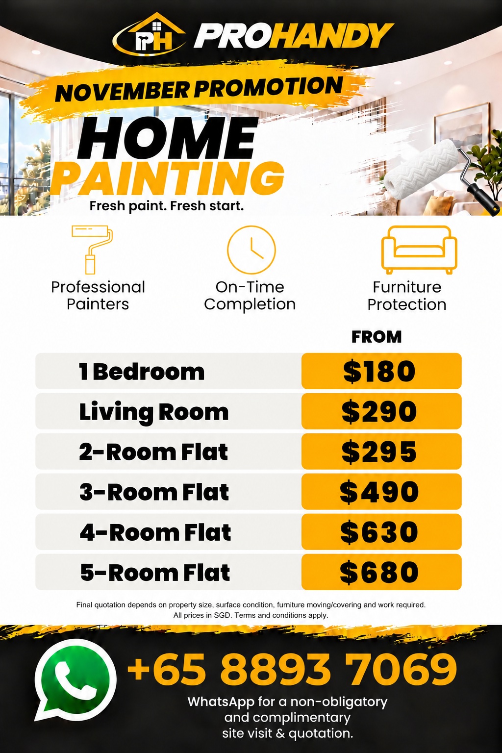 PROHANDY November Home Painting Promotion flyer: 1 bedroom from $180, living room $290, 2-room flat $295, 3-room flat $490, 4-room flat $630, 5-room flat $680